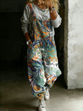 Women’s Vintage Ethnic Floral Art Print Casual One Piece Denim Jumpsuit