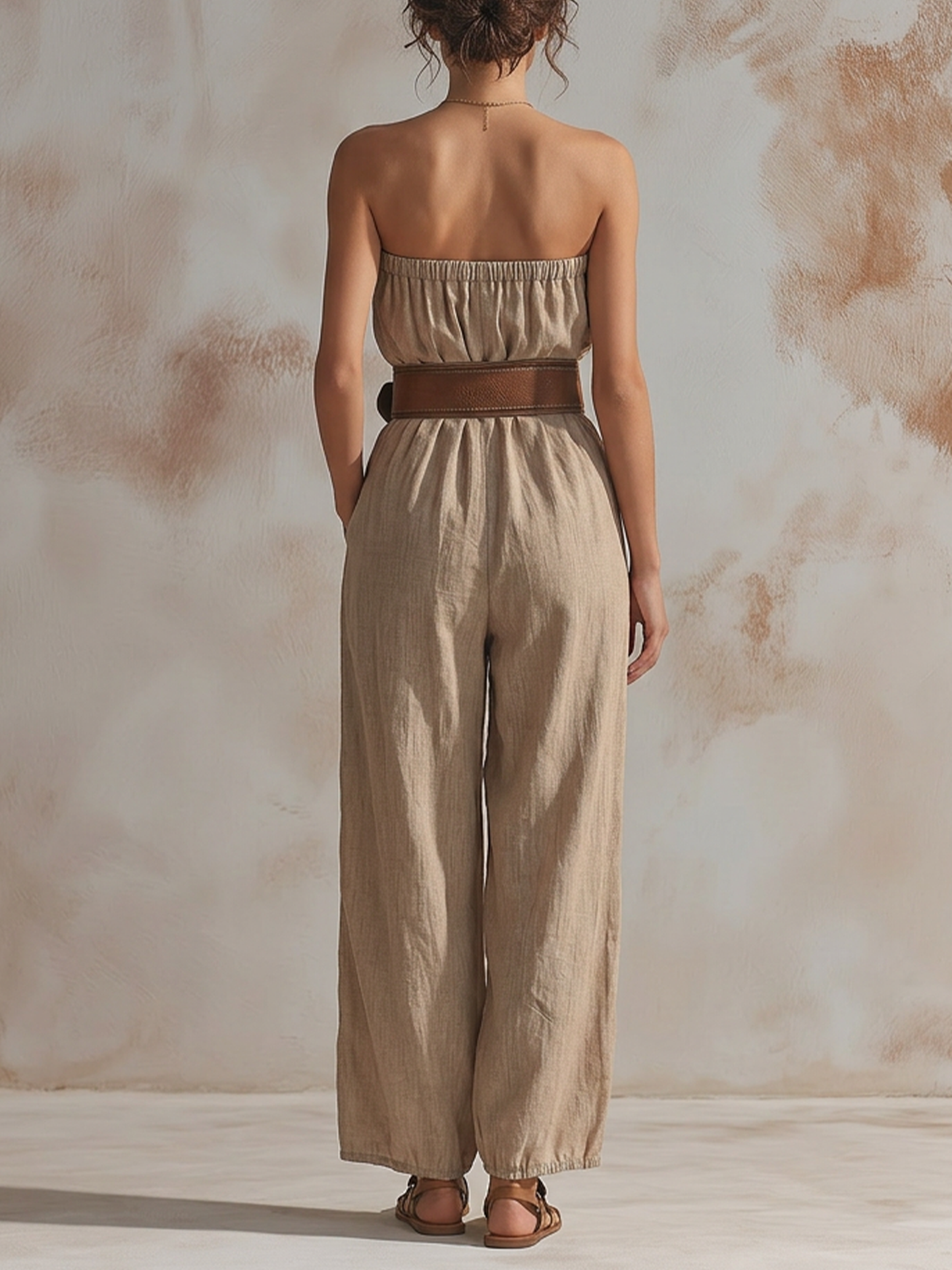 Strapless Linen Belted Wide-Leg Jumpsuit