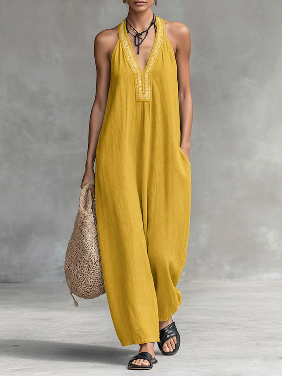 Women's Solid Color V-Neck Halter Neck Sleeveless Casual Loose Cotton Linen Wide-Leg Jumpsuit
