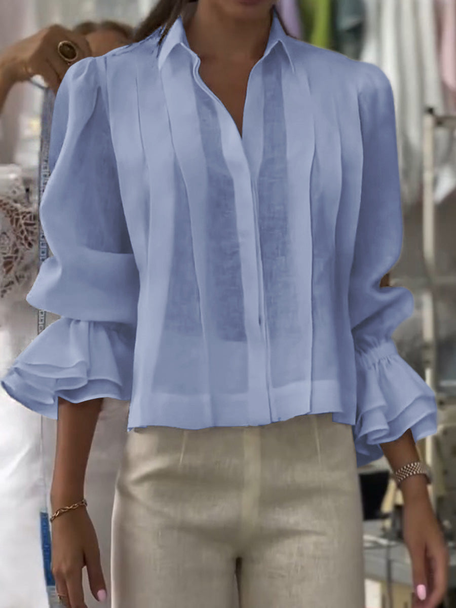 Women's Solid Color Lapel Long Sleeve Casual Loose Linen Cardigan Top