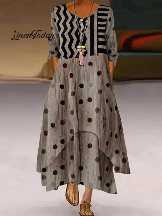 Elegant Casual Double Layer Print Contrast Color Dress
