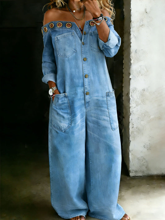 Women’s Stylish Off Shoulder Cotton One Piece Shirt Denim Jumpsuit