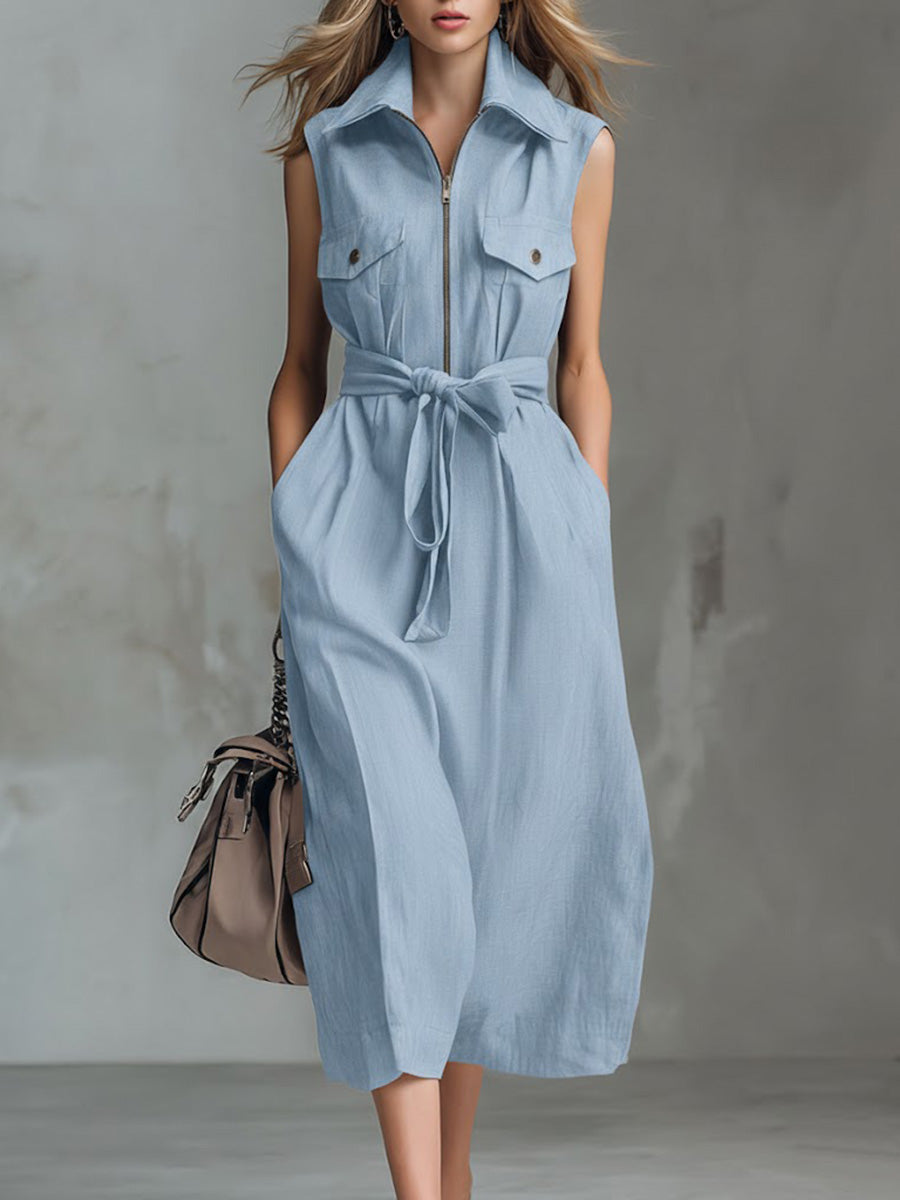 Women's Solid Color Lapel Sleeveless Casual Loose Cotton And Linen Dress