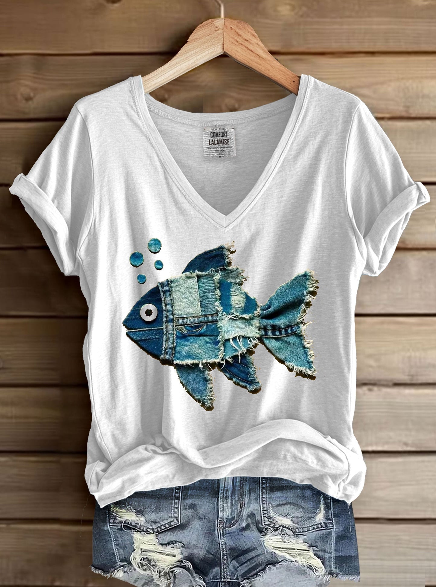 Fish Denim Patchwork Art Print V-neck Casual T-Shirt
