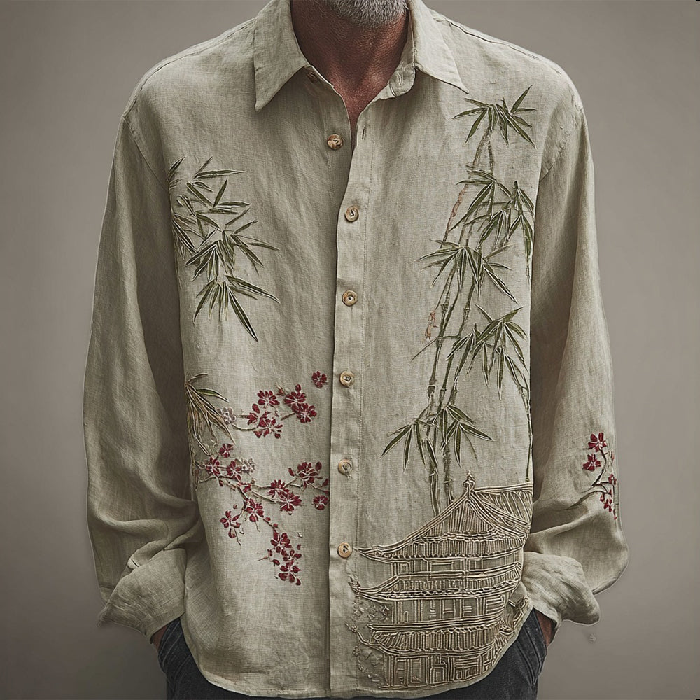 Men's Vintage Japanese Style Bamboo Art Cozy Linen Blouse