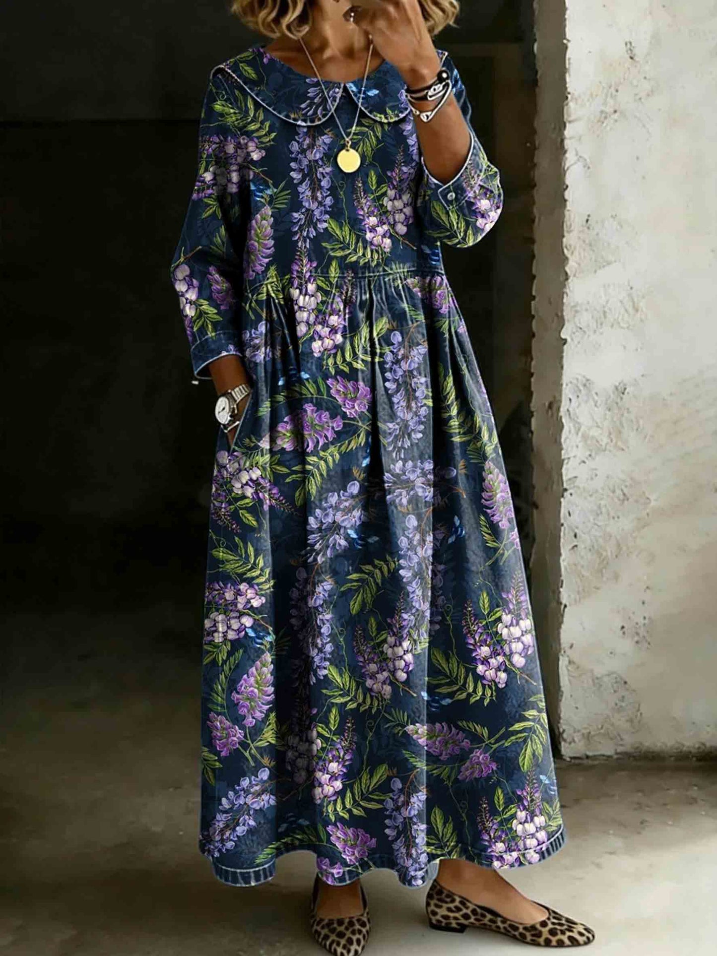 Women's Vintage Lavender Floral Print Lapel Collar Pleated Long Sleeve Casual Loose Denim Dress