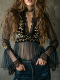 Gold lace halter neck tulle long sleeve
