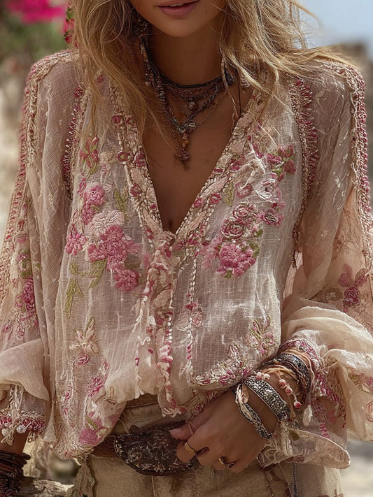 Women's Vintage Floral Pattern Casual V-neck Shirt