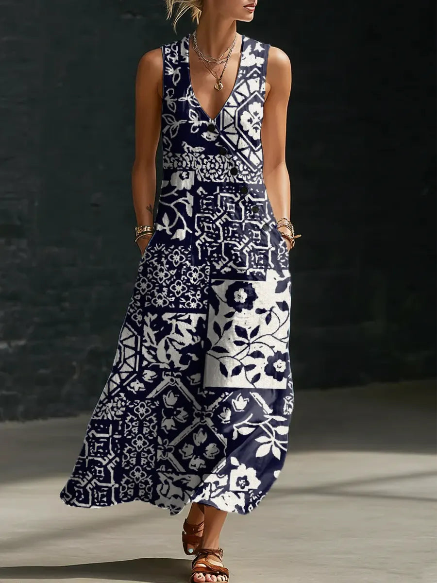 Women's Floral Pattern Art Print Casual Cotton Linen Dress