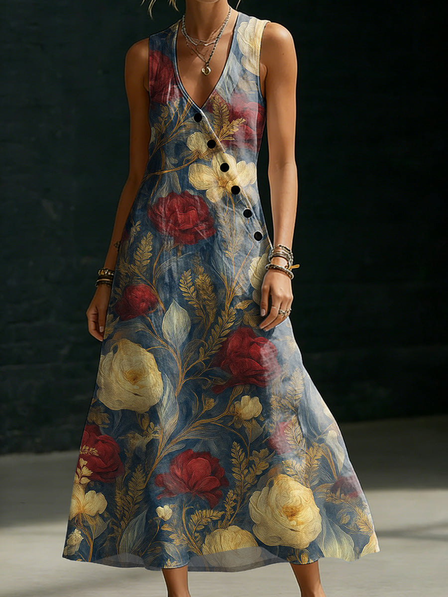 Women's Vintage Elegant Floral Decorative Pattern Minimalist And Cozy Button-up Dress