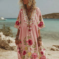 Women's Pink Rose Embroidery V-neck Short Sleeve Linen Blend Midi Dress