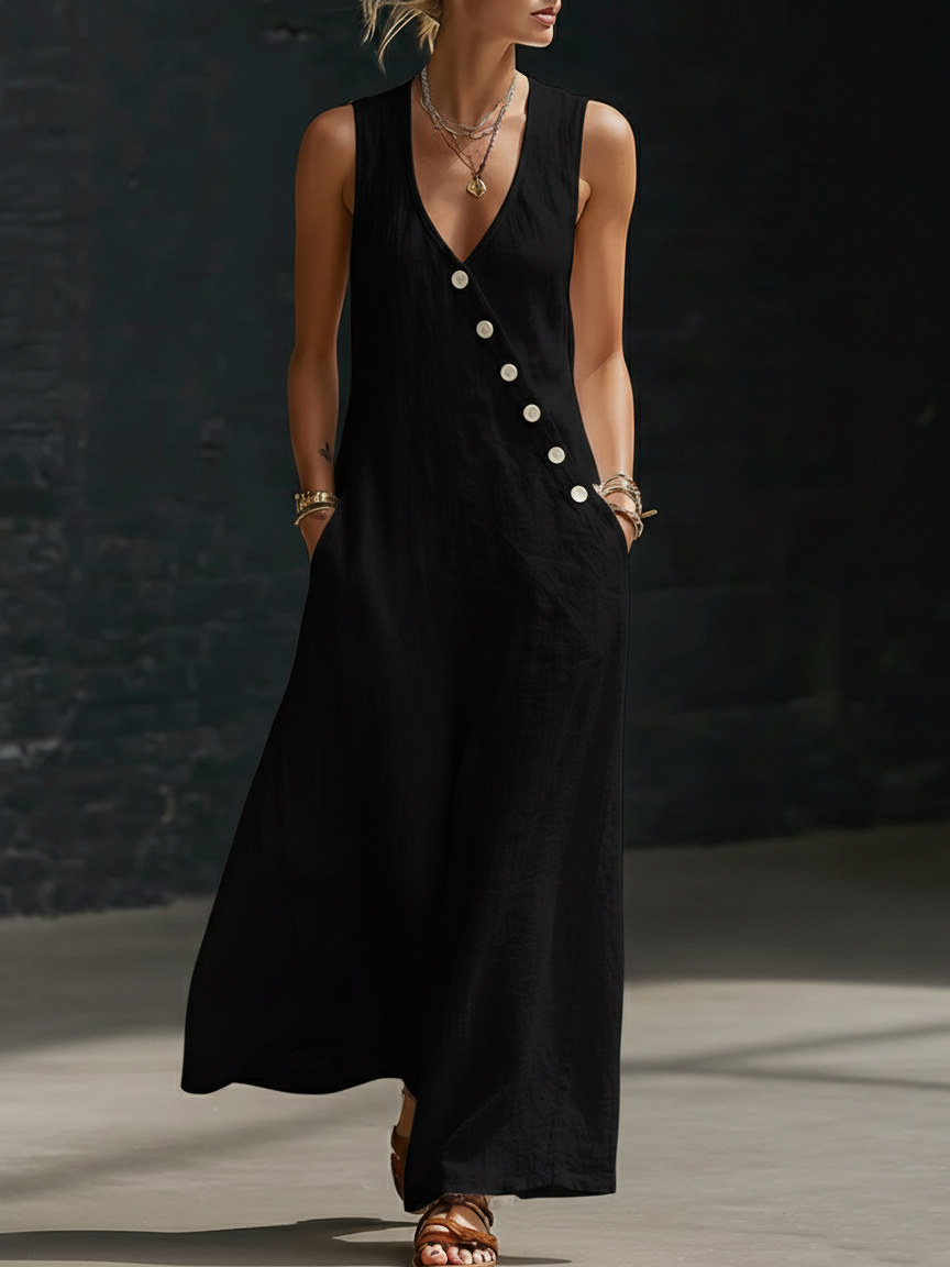 Minimalist Cozy V-neck Button-up Linen Jumpsuit