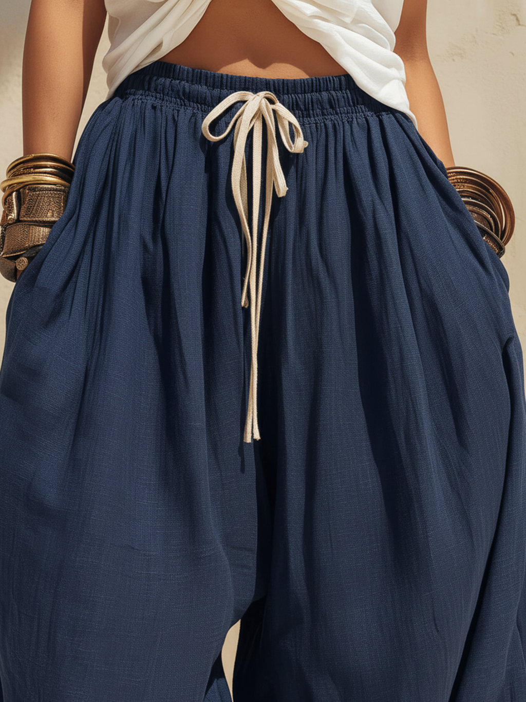 Navy Blue Linen Drawstring Harem Pants