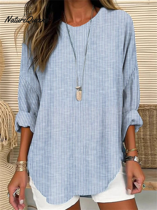 Women's Retro Striped Design Loose Long Sleeve Crew Neck Top