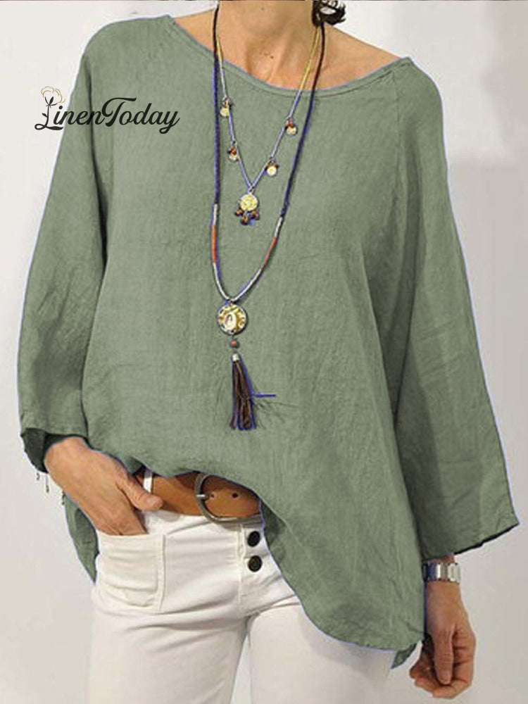 Women's Solid Colour Cotton And Linen Round Neck Ninth Sleeve Blouse