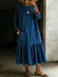 Women's Vintage Crew Neck Long-sleeved Casual Loose Denim Dress