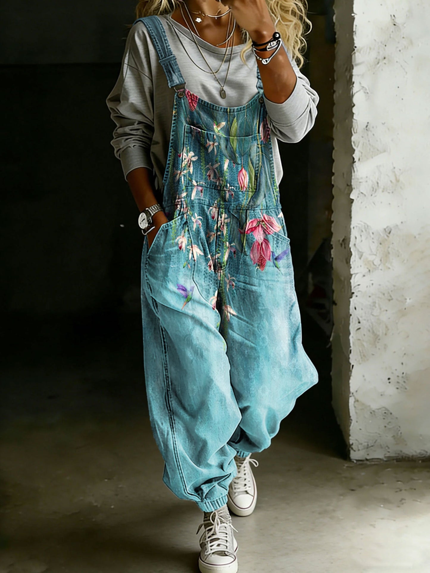 Women’s Flower Print Casual One Piece Denim Jumpsuit