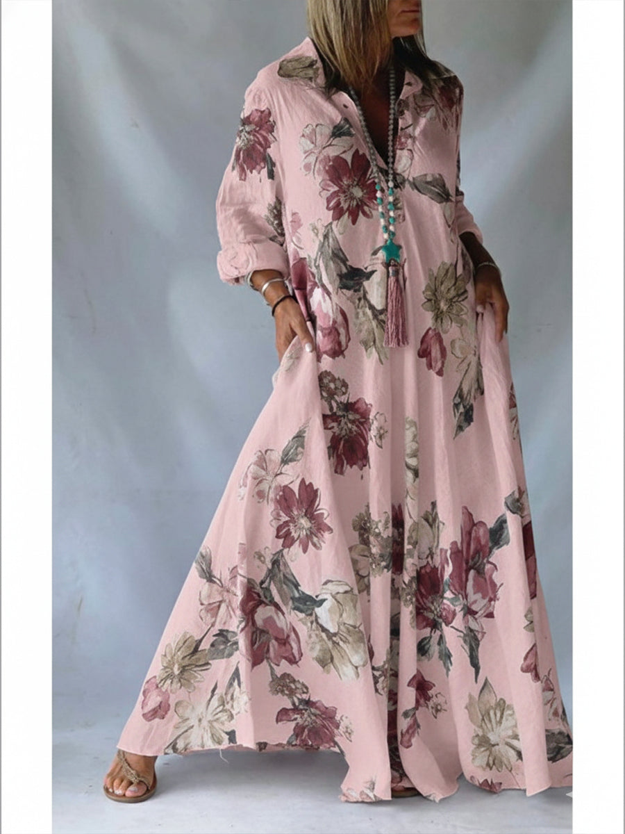 Loose-fitting Casual Linen And Cotton Floral Print Shirt Dress