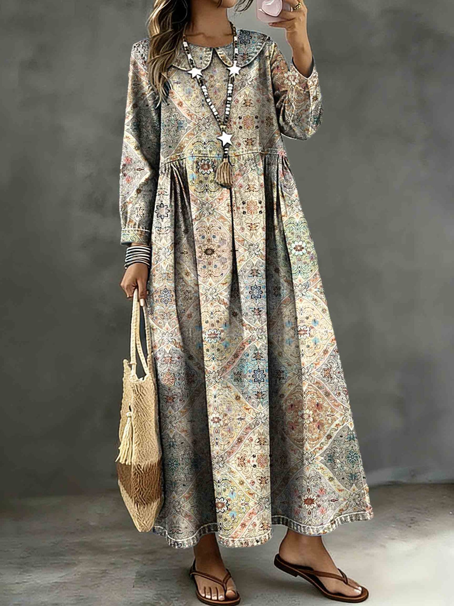 Women's Vintage Ethnic Geometric Patterns Art Print Lapel Collar Pleated Long Sleeve Casual Loose Denim Dress