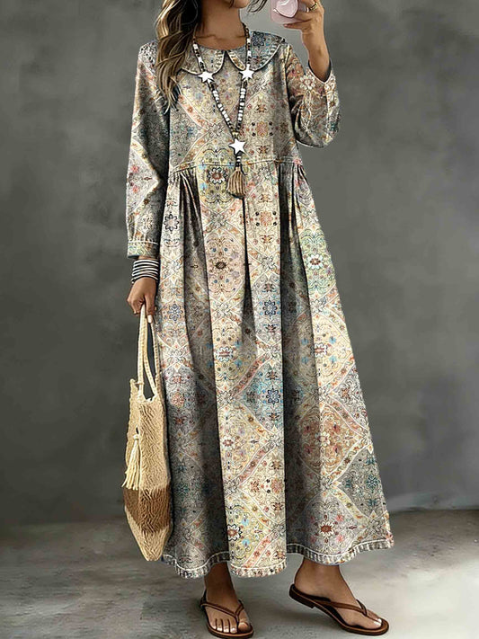 Women's Vintage Ethnic Geometric Patterns Art Print Lapel Collar Pleated Long Sleeve Casual Loose Denim Dress