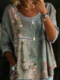 Women's Vintage Floral Casual Loose Denim Blouse Shirt