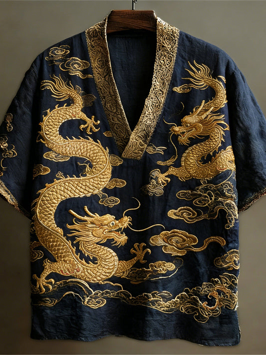 Japanese Dragon Totem Art Linen V-neck Shirt