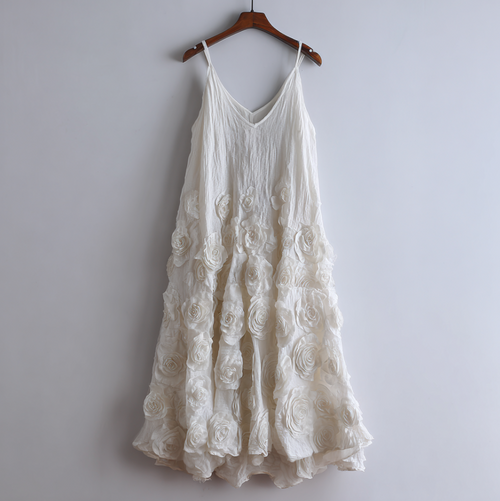 Bohemian Style Woman's V-neck White Rose Dress