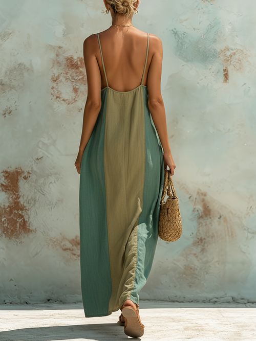 Color Block Denim Cami Maxi Dress In Sage & Olive