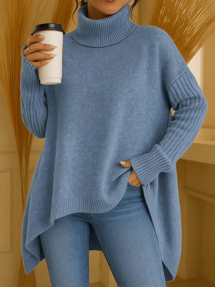 Women's Solid Color Turtleneck Casual Loose Irregular Hem Knitted Top