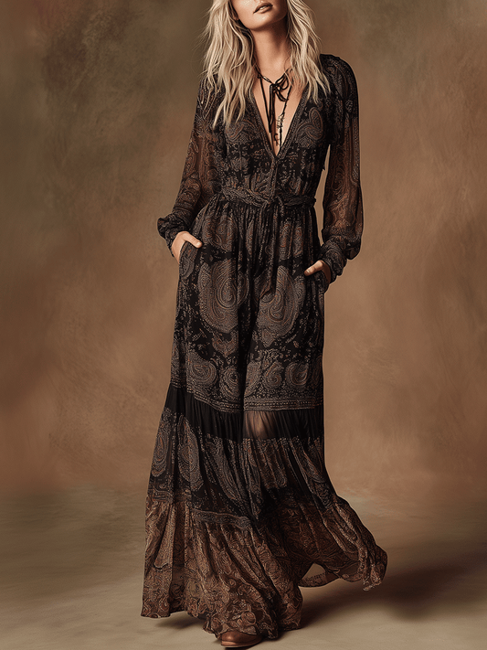 Boho Vintage Lace Flow Midnight Maxi Dress