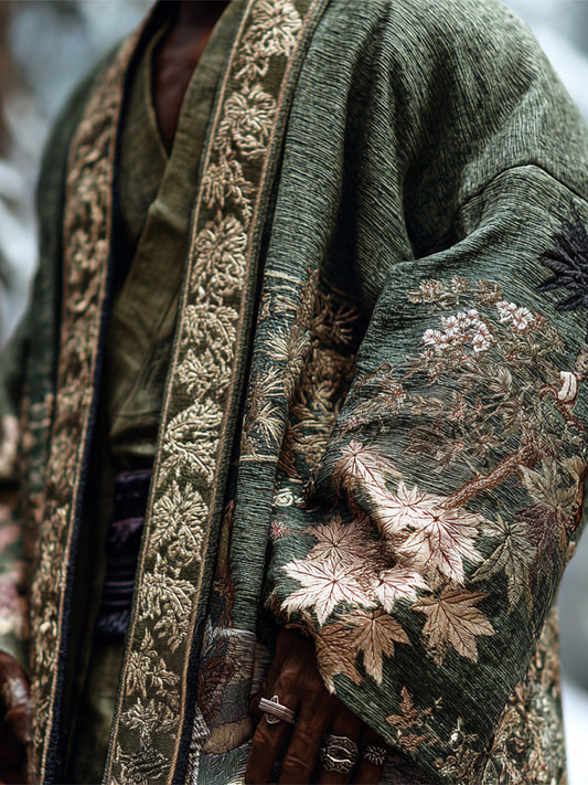 Japanese Maple Leaf Embroidery Art Men's Kimono