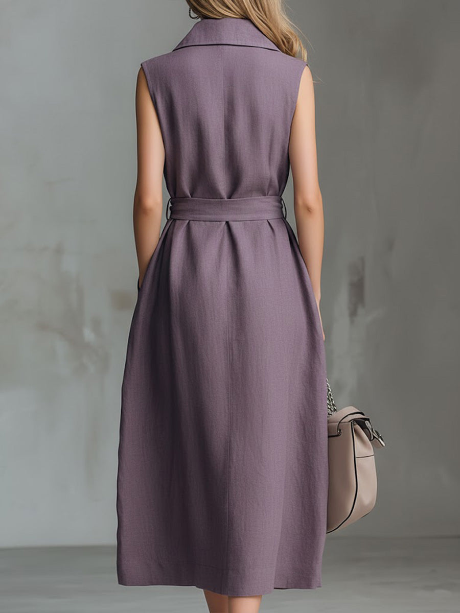Women's Solid Color Lapel Sleeveless Casual Loose Cotton And Linen Dress