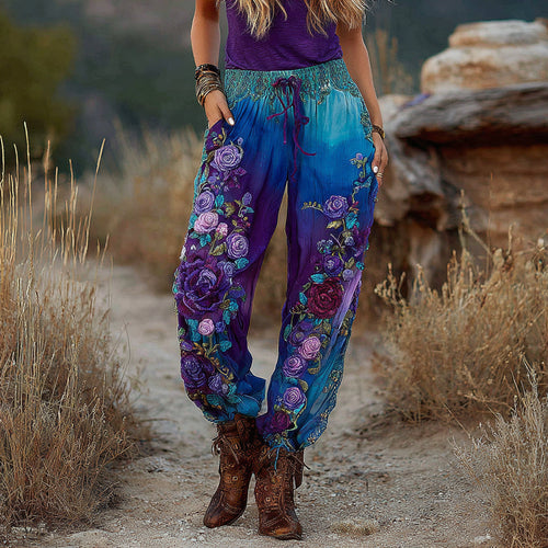 Classy Vintage Purple And Blue Lavender Patchwork And Floral Embroidered Art Gradient Linen Pants