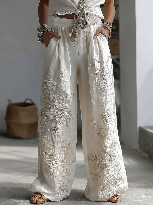 Women's Retro Floral Lace Patchwork Art Casual Pocket Linen Pants