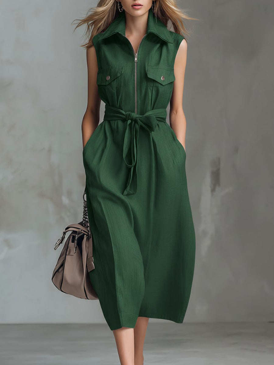 Women's Solid Color Lapel Sleeveless Casual Loose Cotton And Linen Dress