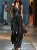 Women's V-neck Sleeveless Casual Loose Denim Jumpsuit With Wide Legs