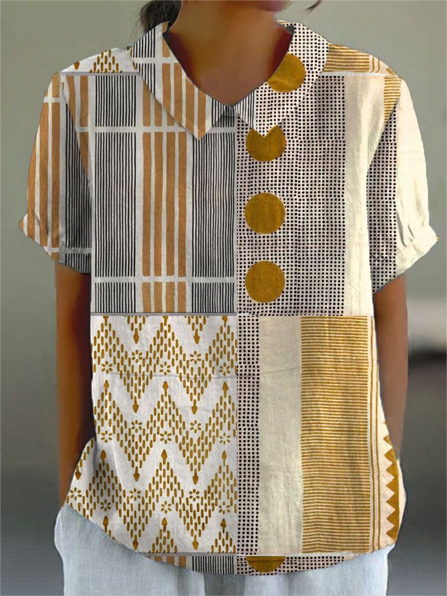 Women's Vintage Abstract Geometry Art Print Casual Cotton And Linen 3/4 Sleeve Shirt