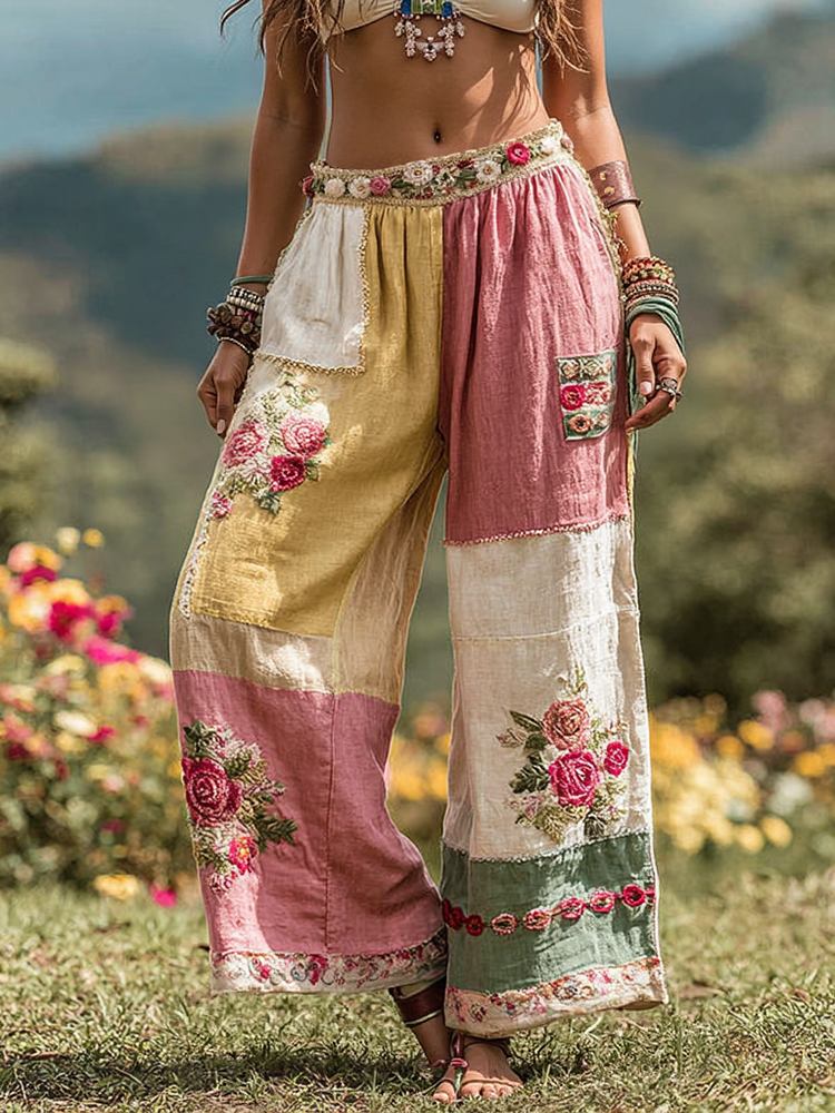 Women's Vintage Floral Art Linen Casual Wide Leg Pants