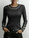 Women's Round Neck Long Sleeve Faux Denim Stretch Casual Loose Denim Top