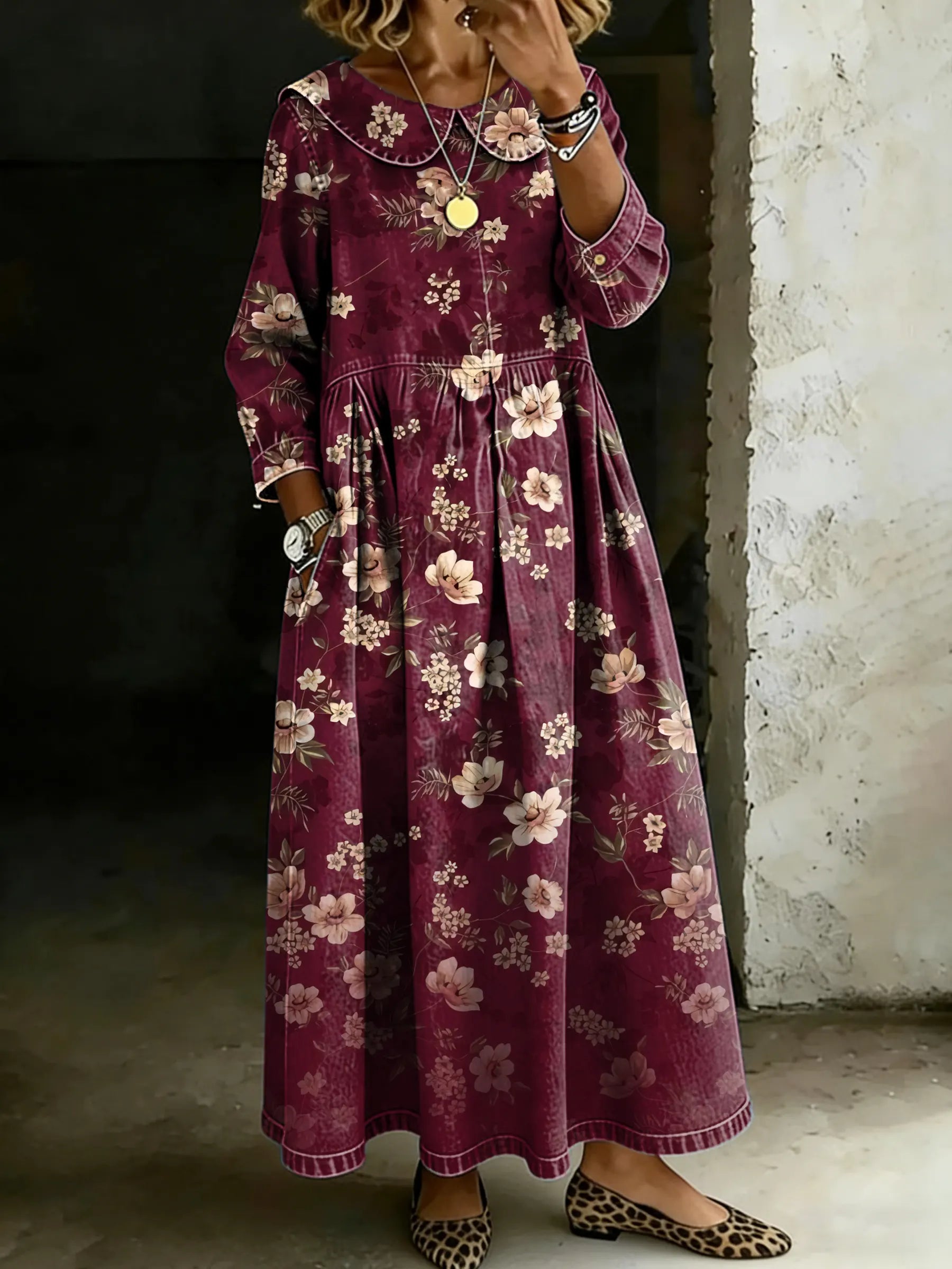 Women's Retro Floral Art Splicing Long-sleeved Loose-fitting Casual Denim Dress