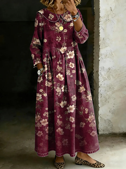 Women's Retro Floral Art Splicing Long-sleeved Loose-fitting Casual Denim Dress