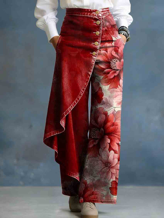 Women's Vintage Red Floral Art Stylish Design High-waisted Relaxed Fit Wide-leg Jeans