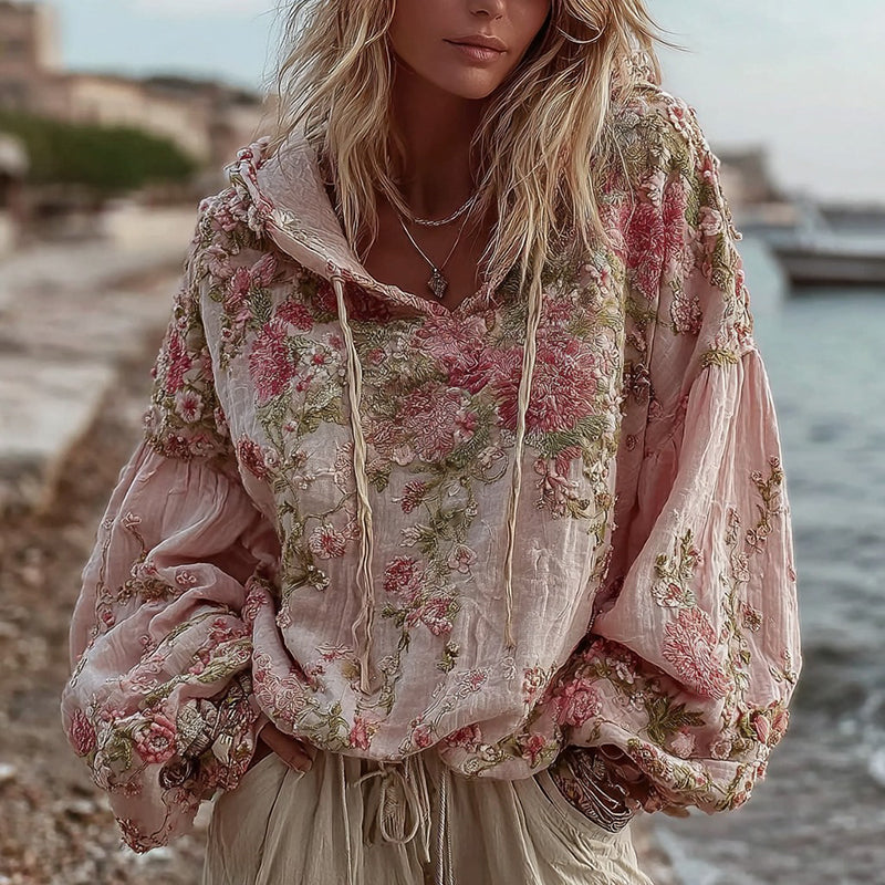 Women's Vintage Floral Embroidery Warm Hoodie