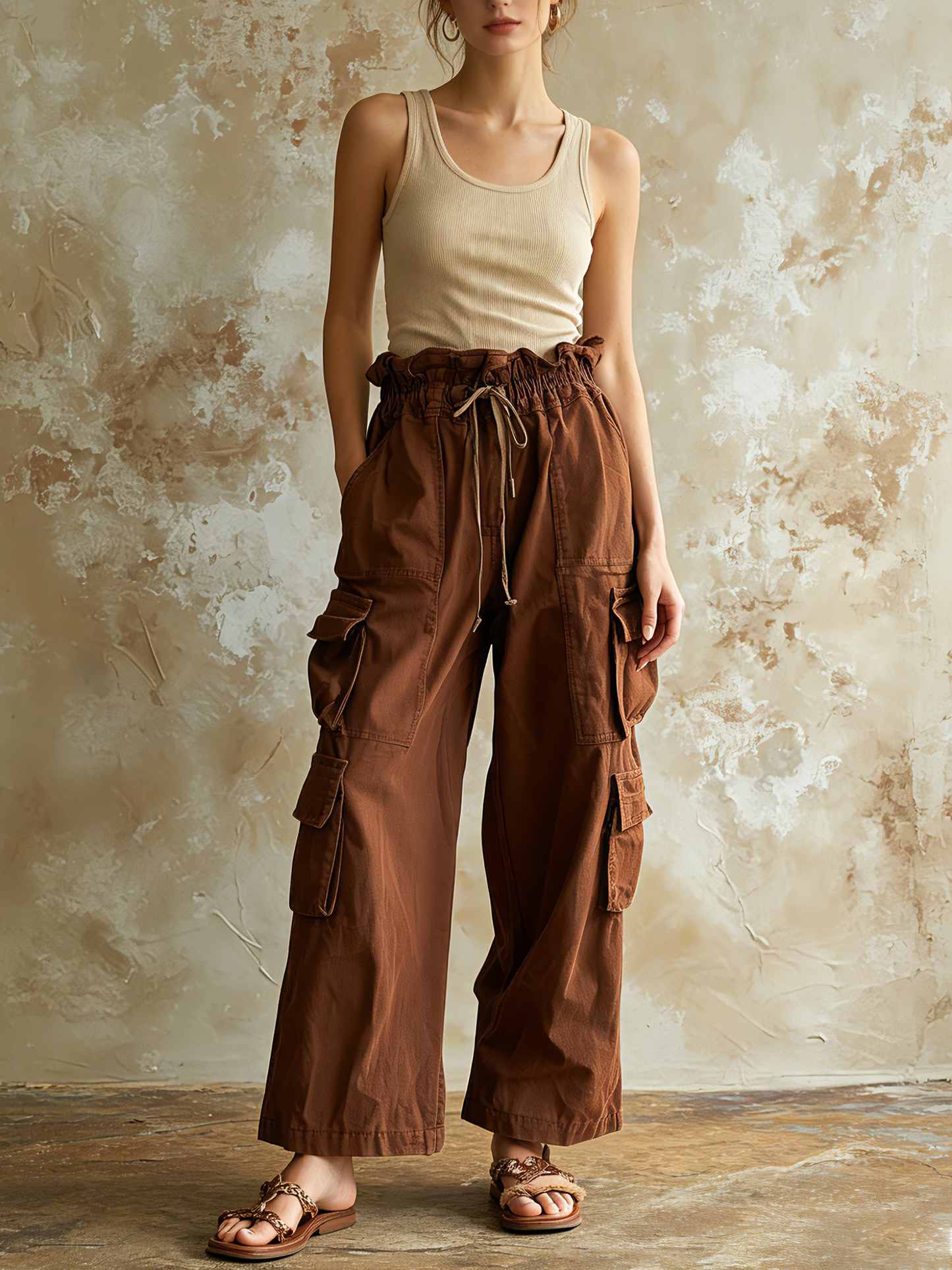 Brown High Waist Wide Leg Cargo Pants