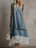Women's V-neck Sleeveless Casual Loose Denim Patchwork Dress