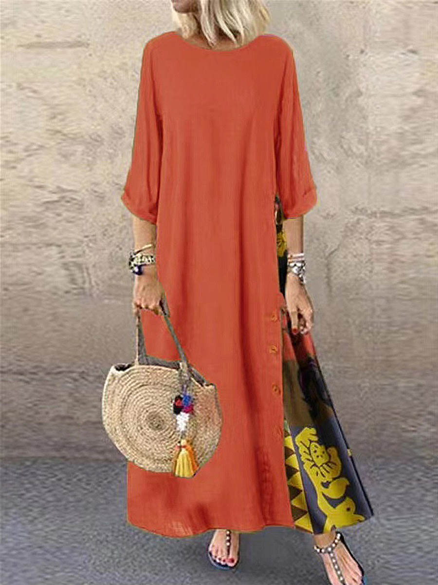Women's Retro Floral Contrast Button Patchwork Cotton And Linen Casual Dress