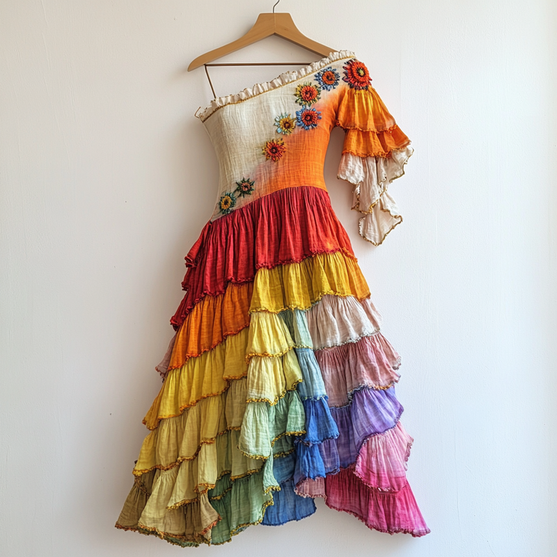 Rainbow Stitching Floral Embroidery Ruffle Dress  f3f7