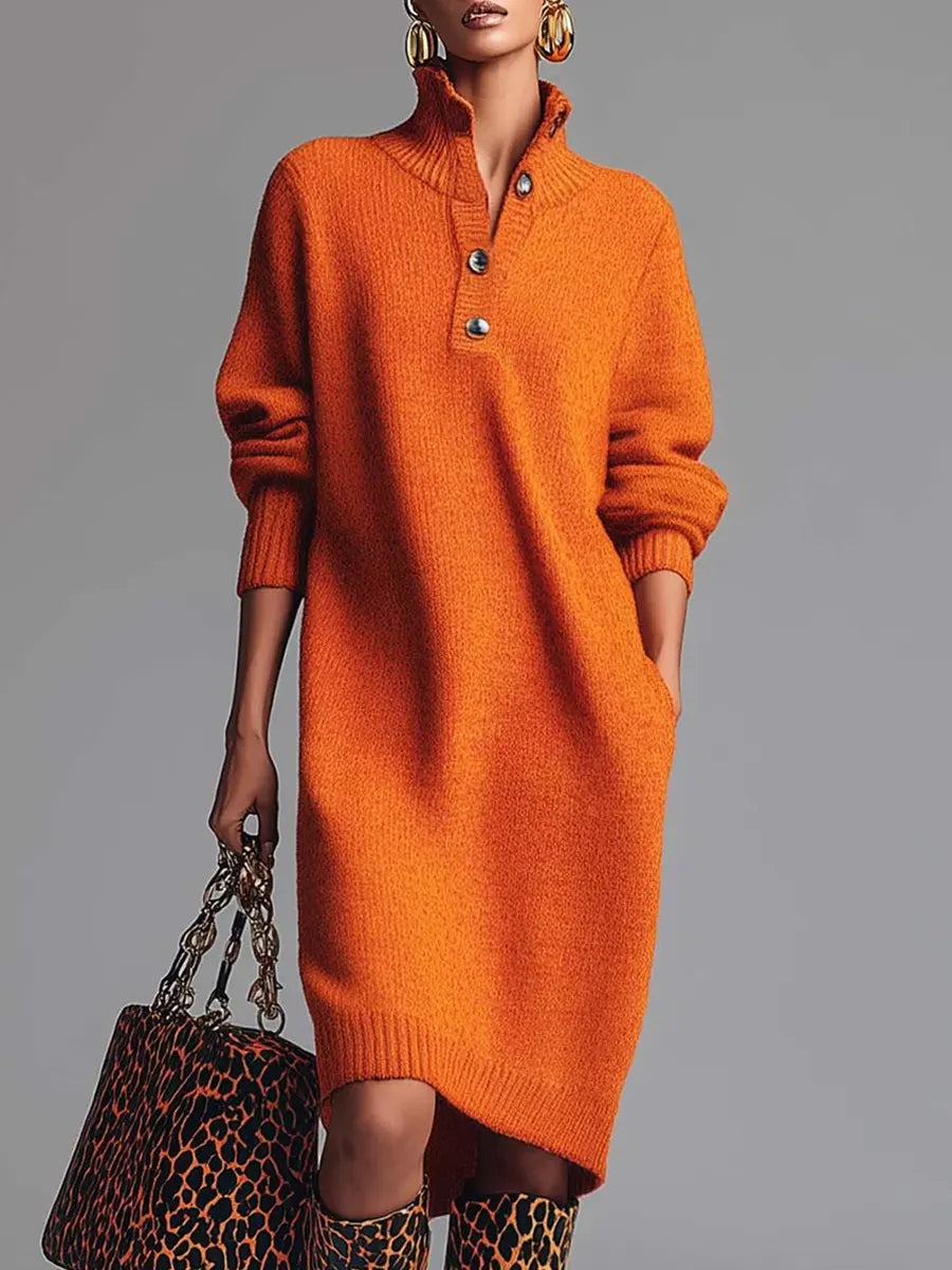 Women's Stand Collar Long Sleeve Casual Loose Knit Dress
