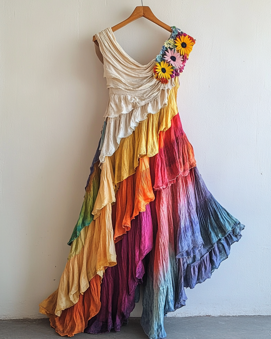 Rainbow Linen Ruffle Daisy Embroidery Irregular Dress 5287