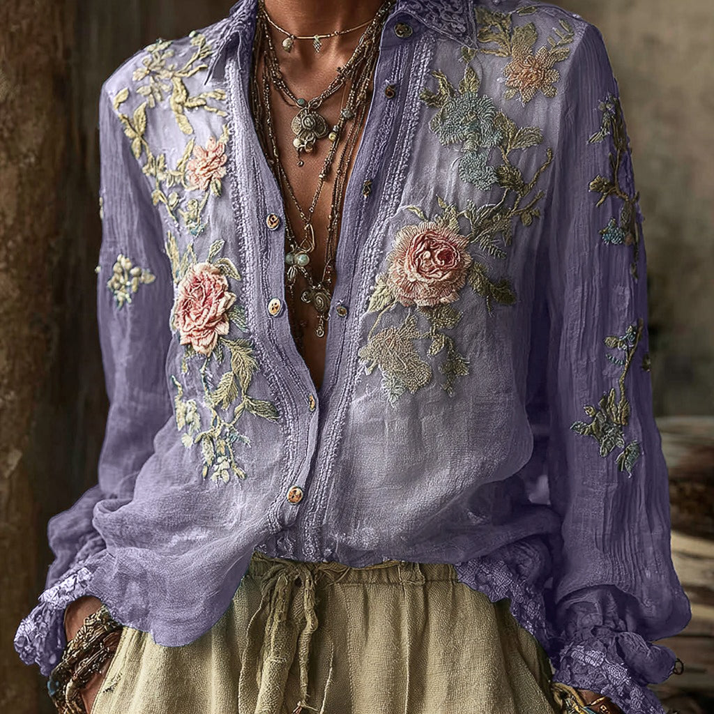 Women's Vintage Bohemian Floral Pattern Linen Long Sleeve Shirt